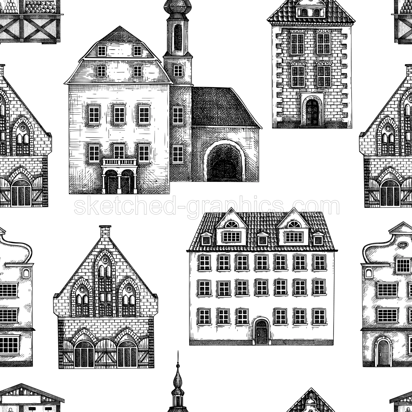 European city architecture bakground. Vintage houses seamless pattern. Old buildings hand-drawn vector illustration. Architectural design.  NOT AI generated Illustration